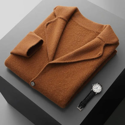 Men's cashmere blend lapel cardigan sweater in light grey showing loose fit and thickened knit construction