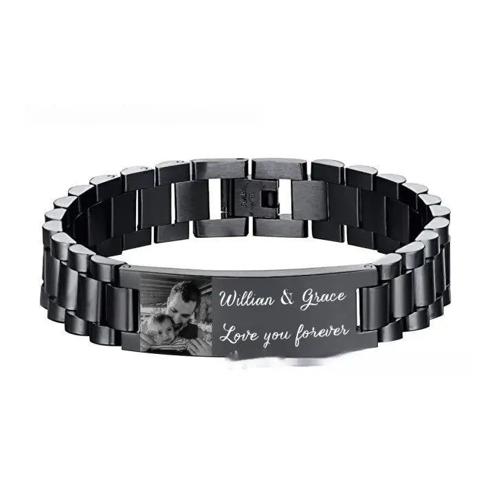 Curved heart-shaped titanium steel bracelet with electroplated lettering, presented in gift box.
