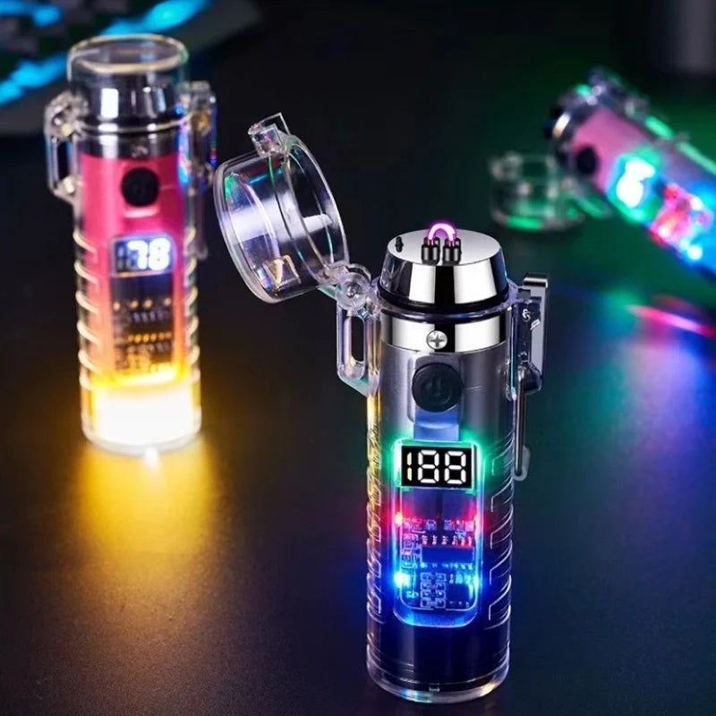 Transparent shell dual arc USB charging lighter with waterproof LED light in various colors