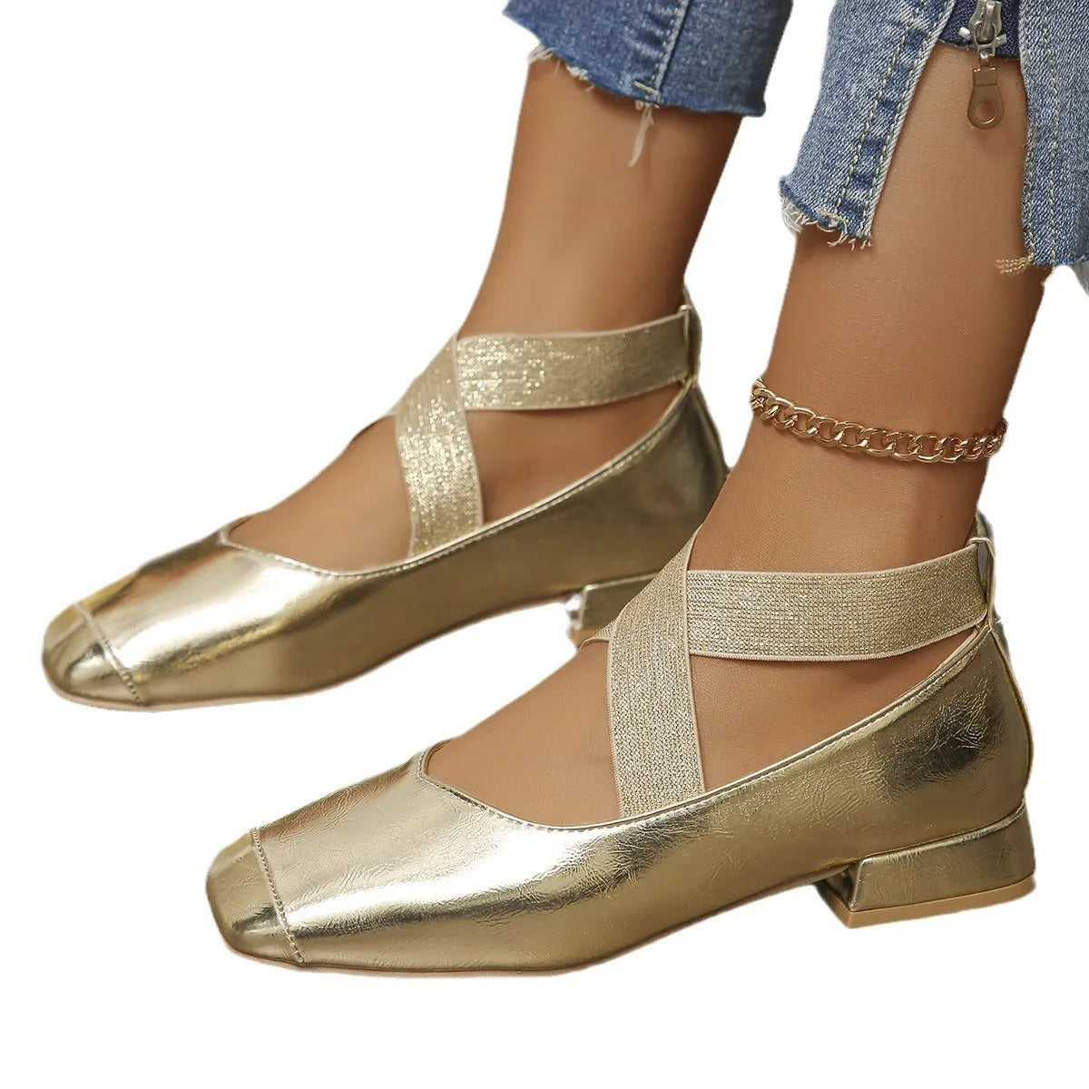 Women's gold slip-on square-toe evening pump with a low rubber heel, shown as a reusable overshoe.