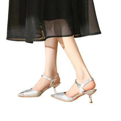 Women's genuine leather pointed toe sandals with 6CM block heel in green, apricot, black, or silver