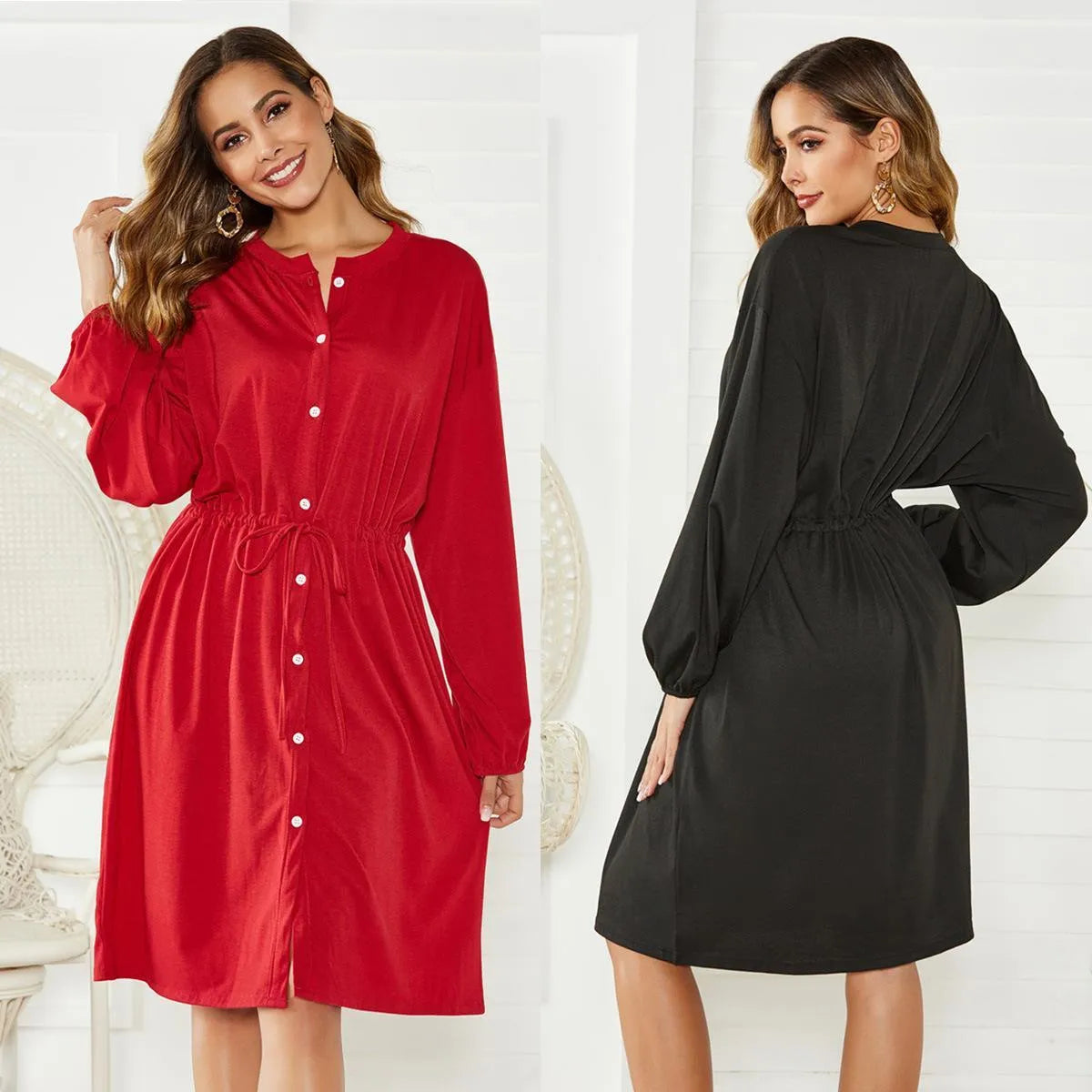 A-line mid-length dress with elastic waist, cinched belt, and long sleeves in solid black or red colour