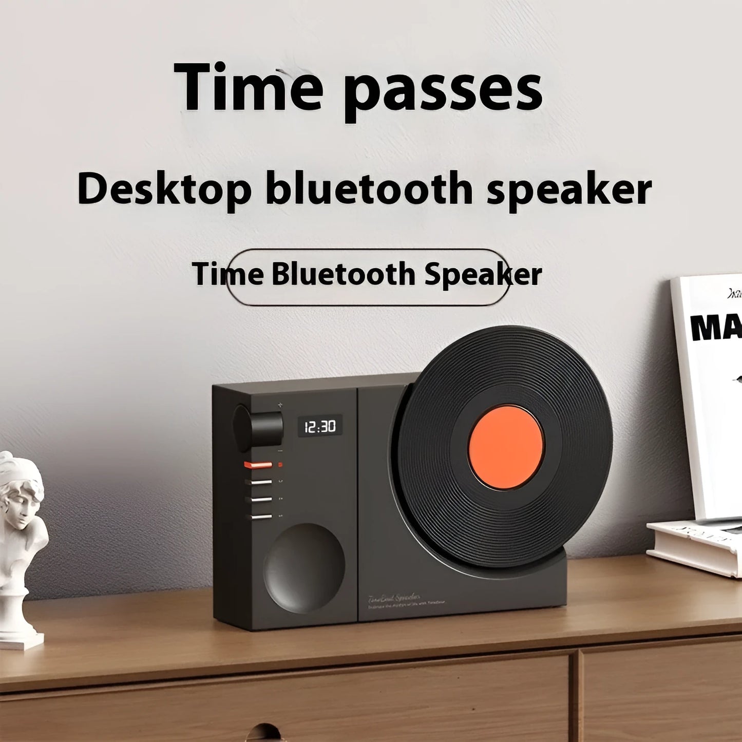 Mini Bluetooth speaker in obsidian black, showing compact design and USB port for charging.