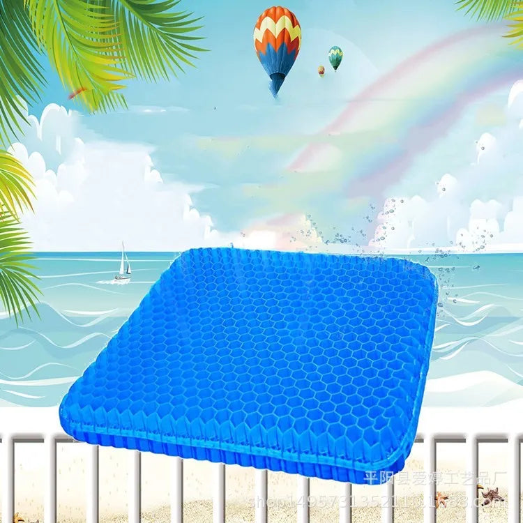 Gel seat cushion with honeycomb pattern showing 24.5cm by 17.5cm dimensions and removable PVC cover