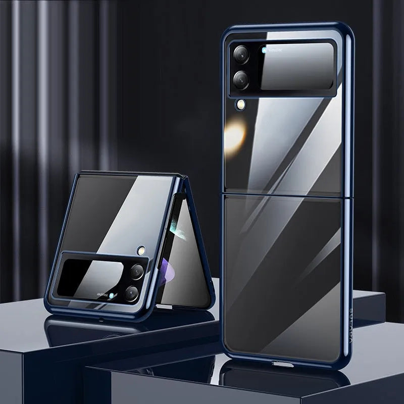Samsung Galaxy Z Flip 3 and Z Flip 4 Phone Case, Hard PC Back Cover with Foldable Screen Protection, Electroplating Finish, Transparent, Black Blue or Silver, Compatible with Samsung Z Flip 3 5G and Z Flip 4 W23 Flip