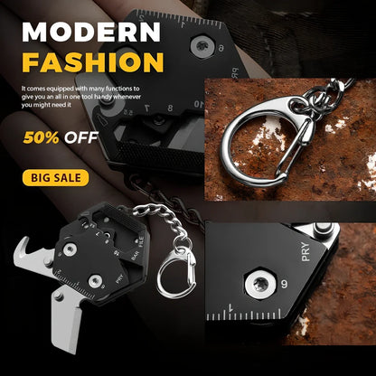 Black multifunctional hexagon keychain knife, 38mm x 13mm stainless steel tool with 2cm blade and key ring