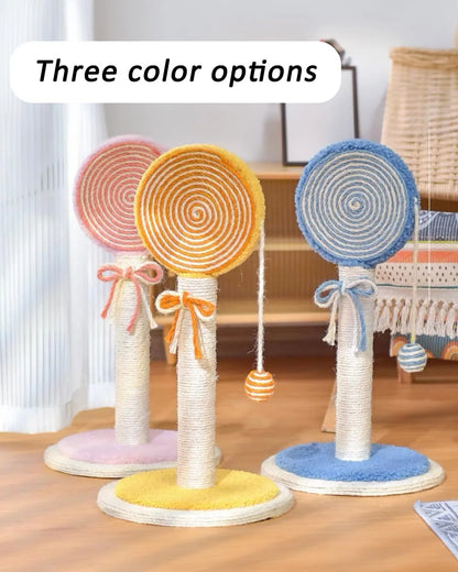 Blue cat scratching post with sisal rope and a hanging ball on a sturdy wooden base.