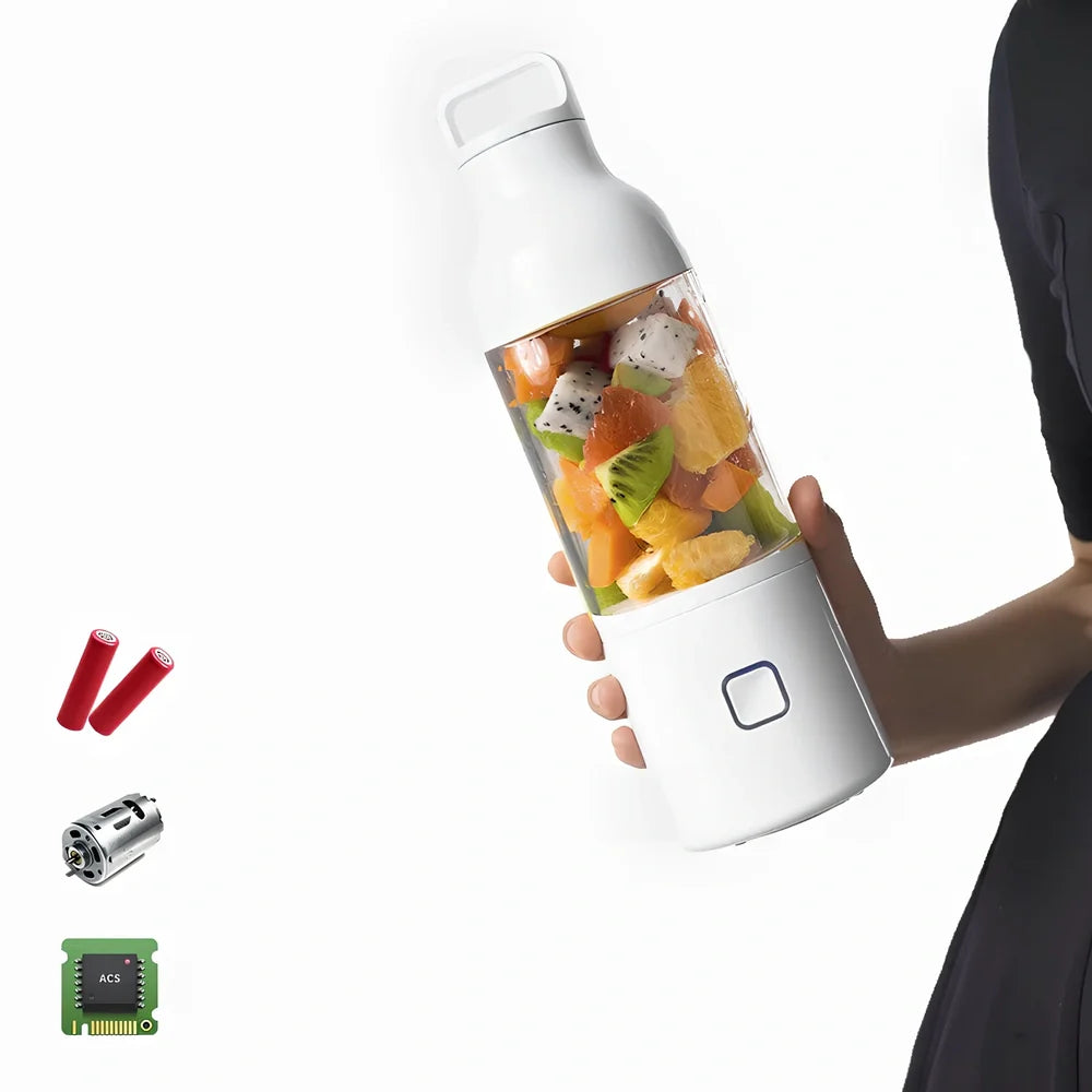 Portable mini juice cup with borosilicate glass liner showing 81x81x281mm dimensions and USB charging port