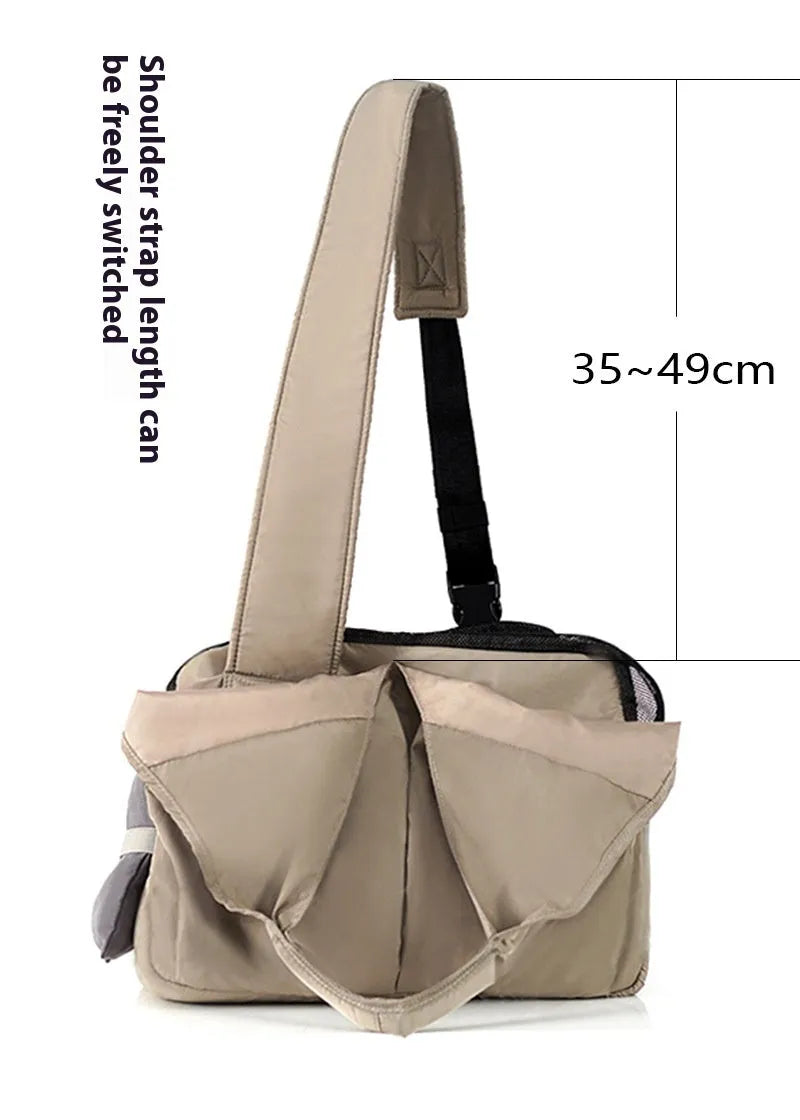 Apricot coloured soft cloth portable pet carrier handbag for small dogs and cats.