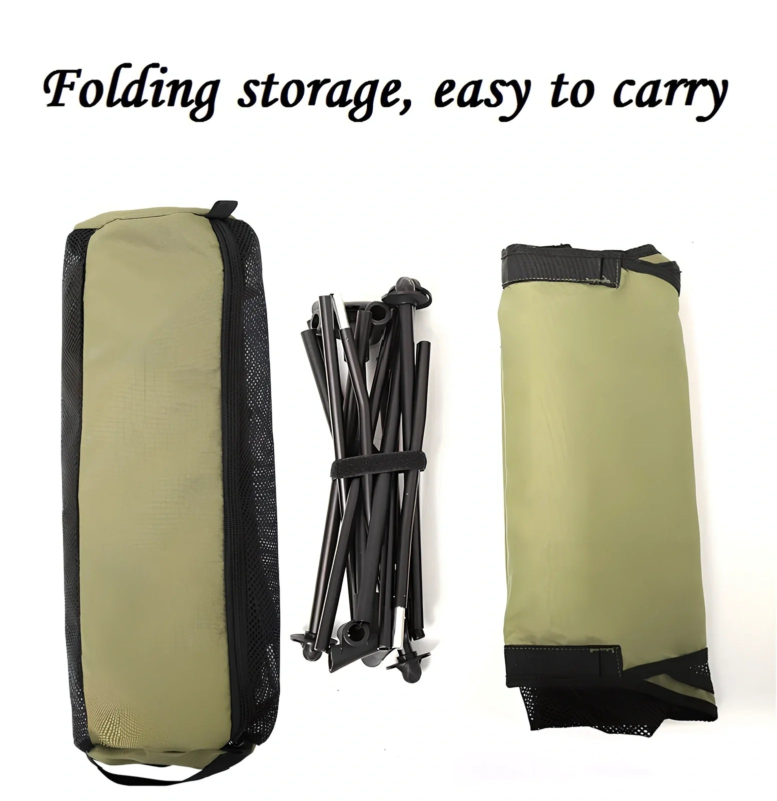 Army green outdoor folding chair with adjustable backrest and legs in reclined position on grass