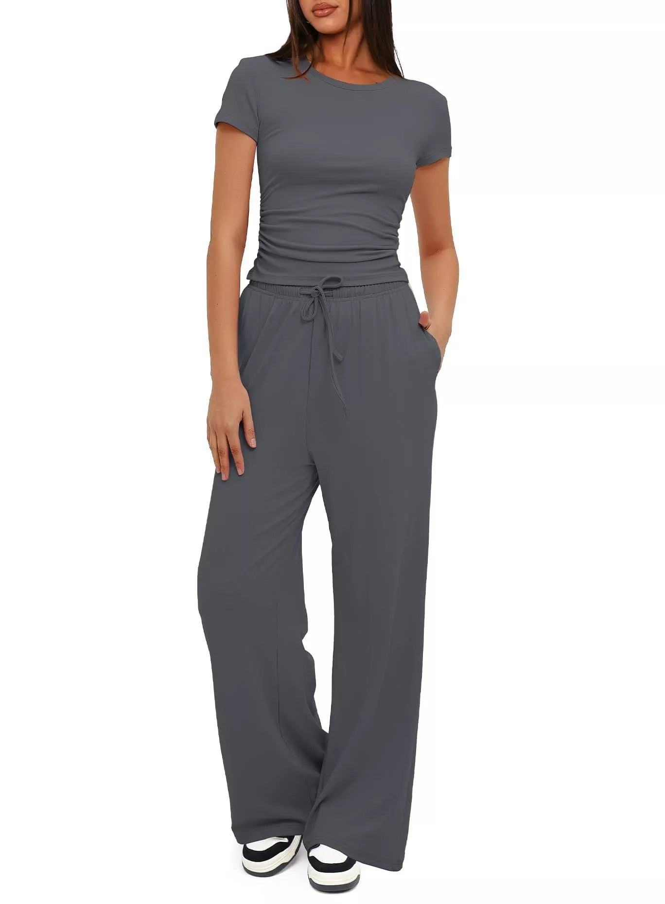 Women's 2-piece solid color yoga set with short-sleeve top and high-waisted pants