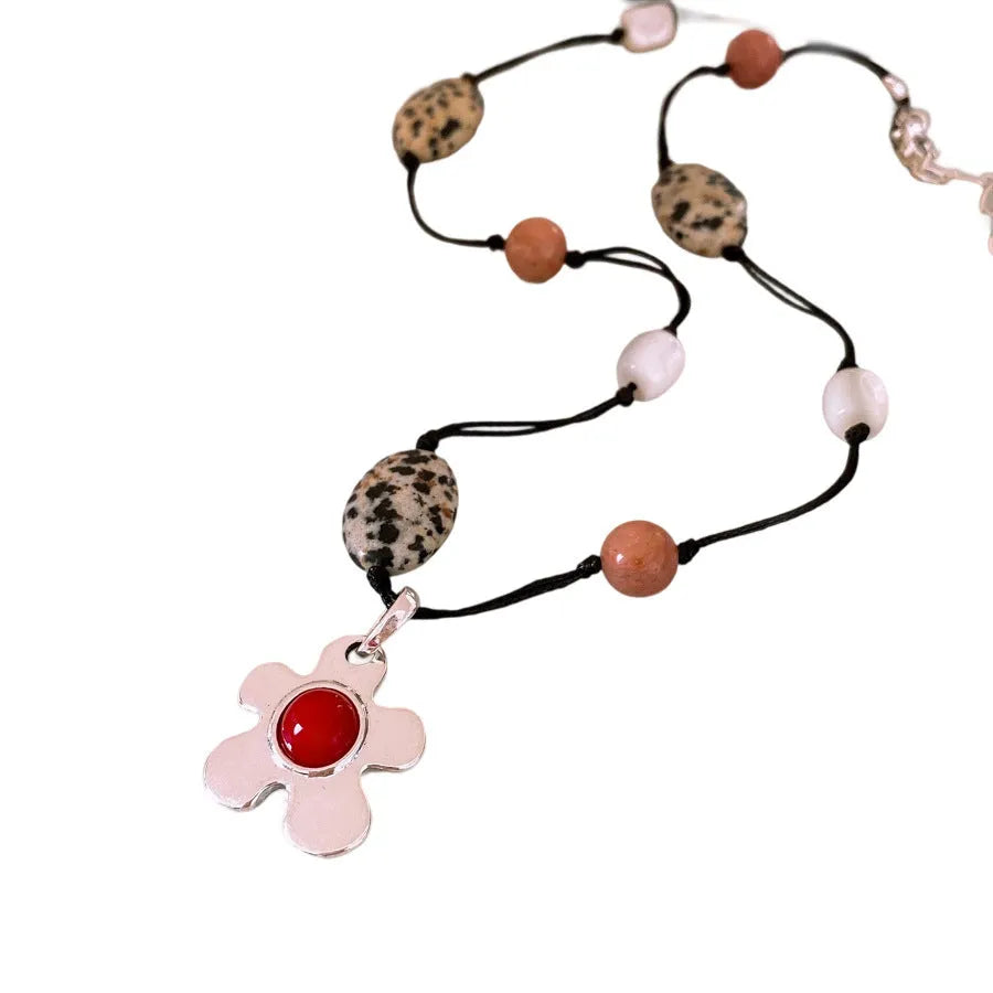 Stone shell beaded flower pendant necklace with adjustable chain in silver-gold colour