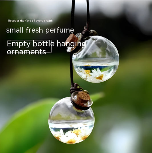 Glass fire extinguisher-shaped car perfume pendant with preserved flowers inside