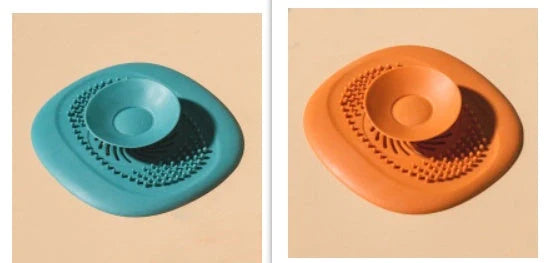 TPR vortex design sink drain cover in twilight orange, quiet blue, mango yellow, and gentian green