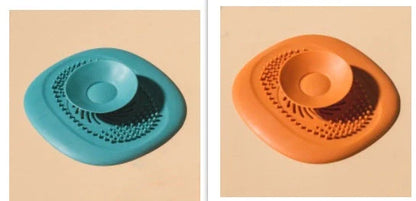 TPR vortex design sink drain cover in twilight orange, quiet blue, mango yellow, and gentian green