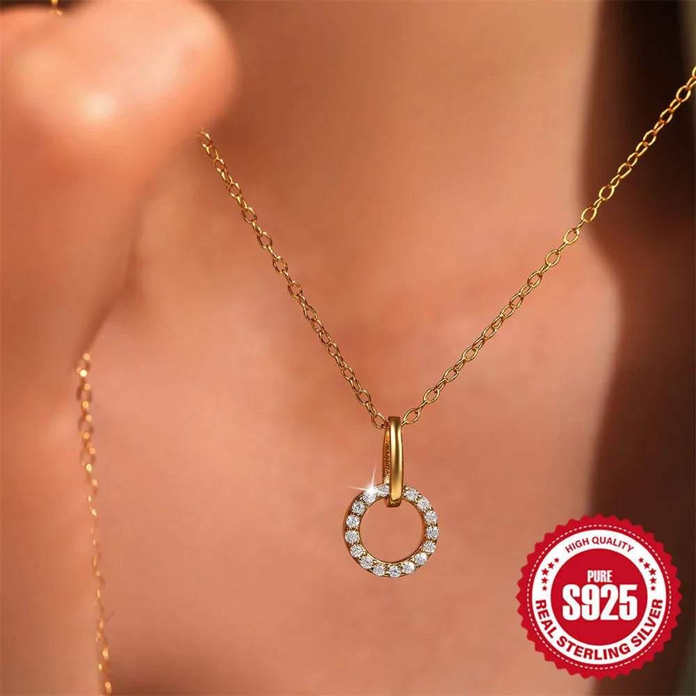 Women's S925 sterling silver clavicle chain necklace with gold colour finish and interlocking zircon design