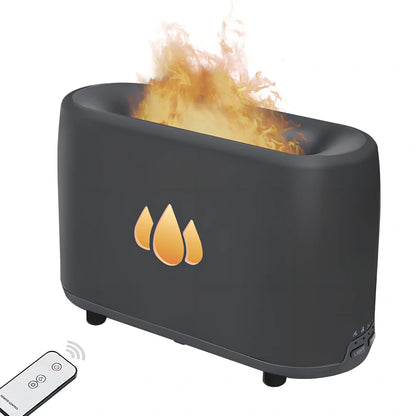 White H9 flame simulation humidifier with 280ml tank on desk, showing ultrasound mist and LED flame effect for aromatherapy