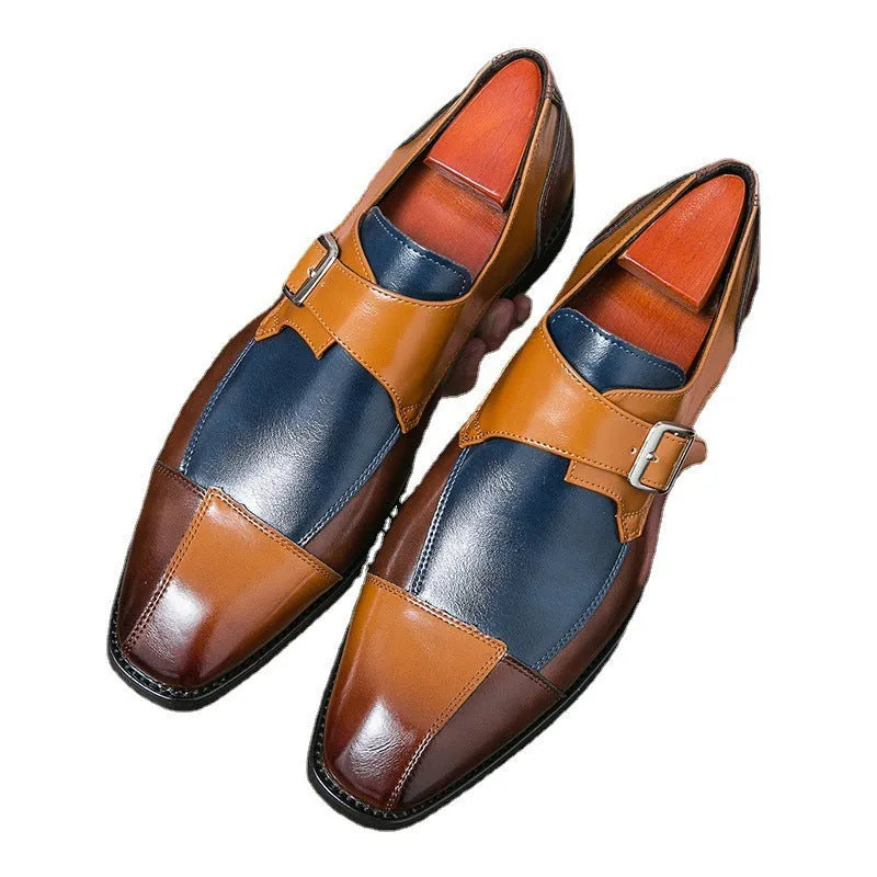 Men's brown blue and black retro buckle casual leather shoes in British style.