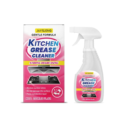 237ml bottle of kitchen grease cleaner spray on a kitchen counter.