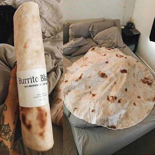 Cozy, soft, and versatile flannel burrito blanket in a unique round shape with a playful, delicious-looking design