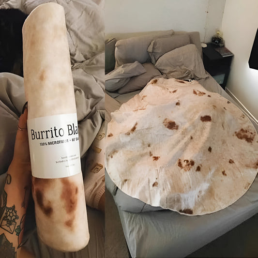 Round burrito tortilla wrap blanket with printed design in soft flannel microfiber material