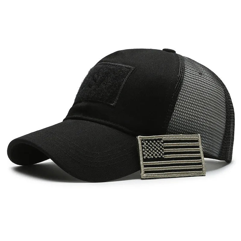 Tactical camouflage baseball cap with adjustable sizing and dome crown