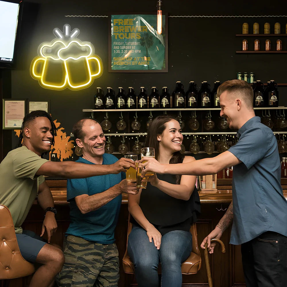 Yellow Bar Beer Cheers neon LED decorative light on shelf, acrylic shell, USB powered for home bar illumination