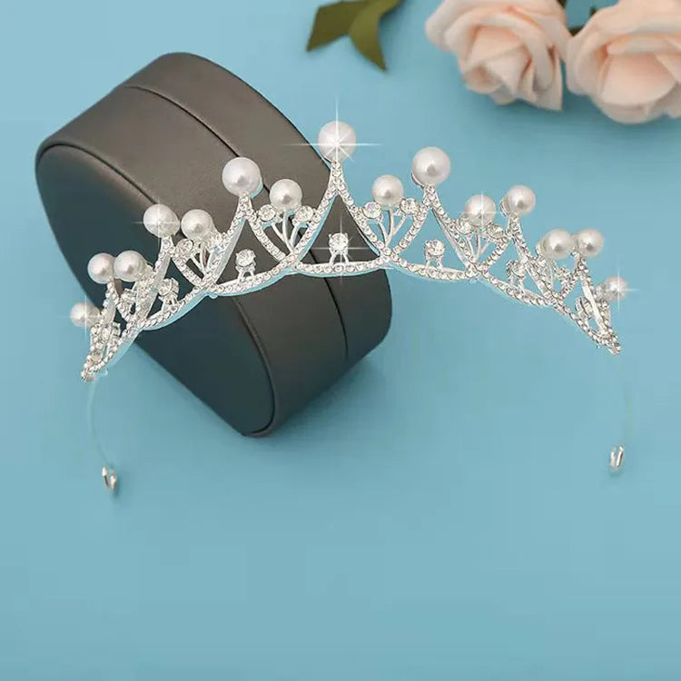 Silver pearl bridal tiara crown with white crystal, adult and children sizes, alloy electroplated