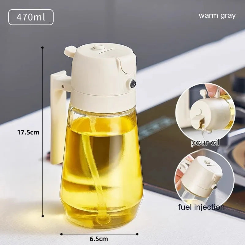 470ml glass olive oil sprayer and pour bottle with ergonomic handle in beige, yellow, green, and black colour options.