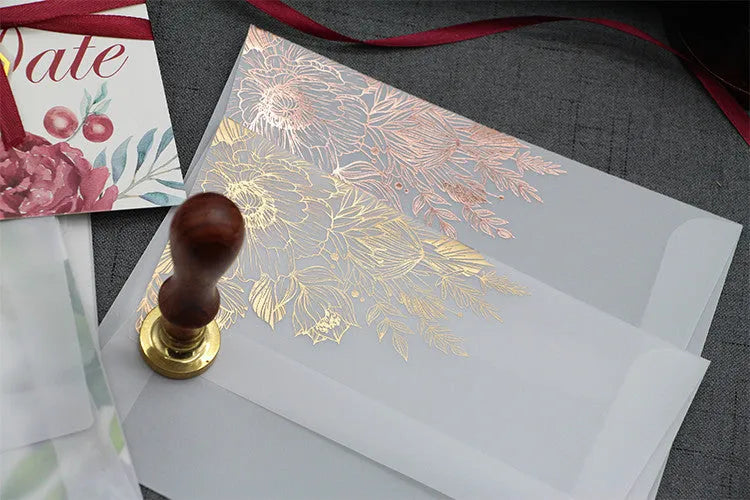 Sulfuric acid paper invitation cards with gold bronzing and matte finish, 12.5x17.6cm