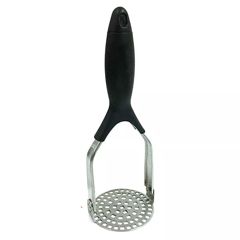 Manual potato masher with wooden handle and flower-shaped press for easy mashing