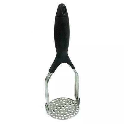Manual potato masher with wooden handle and flower-shaped press for easy mashing