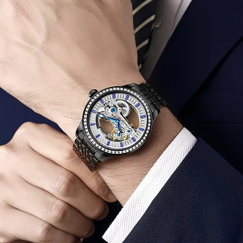 Luxury zircon men's mechanical watch with 12mm case, mineral glass, and onion head crown on wrist