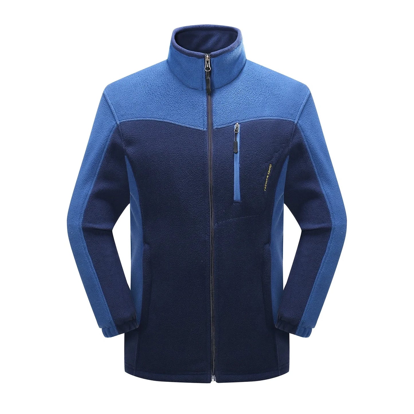 Contrasting polar fleece couple cardigan in deep blue male with colour blocks, size XL, 100% fleece for winter warmth