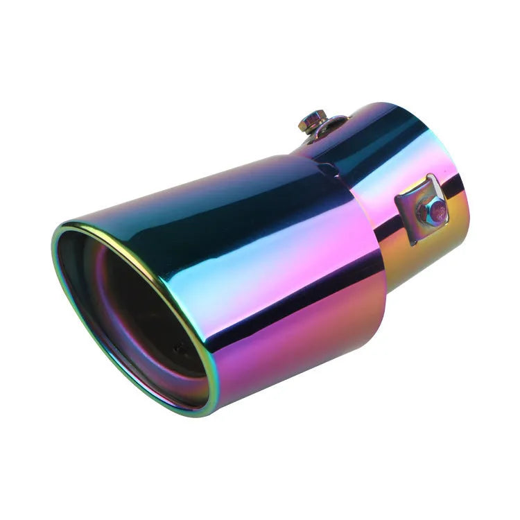 Stainless steel car exhaust tailpipe in straight and curved styles with baked blue, silver, and colourful finishes.