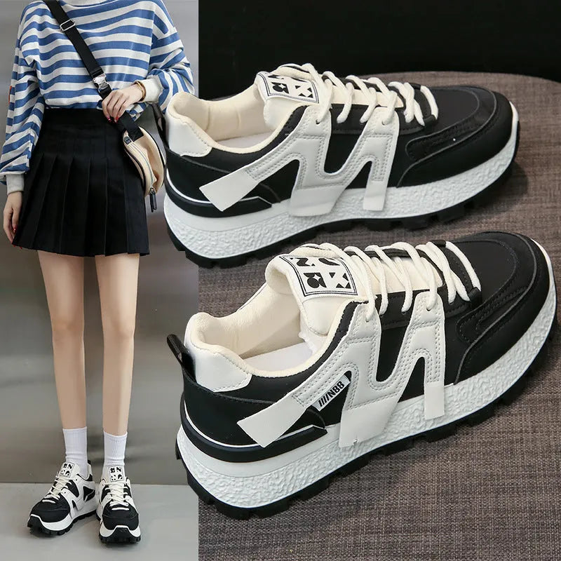 Women's Low Top Running Sneakers, PU Upper Cotton Lined Injection Moulded Rubber Sole Flat Heel Lace Up Training Shoes in White or Black for Unisex Wear