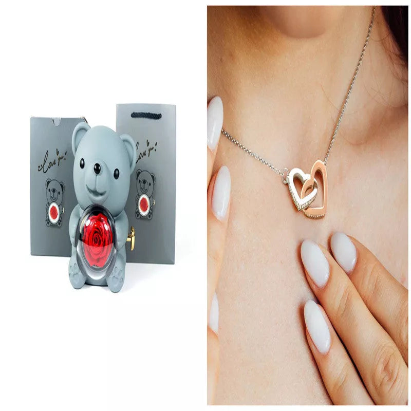 Eternal Rose Teddy Bear Jewelry Box with rotating drawer and preserved rose