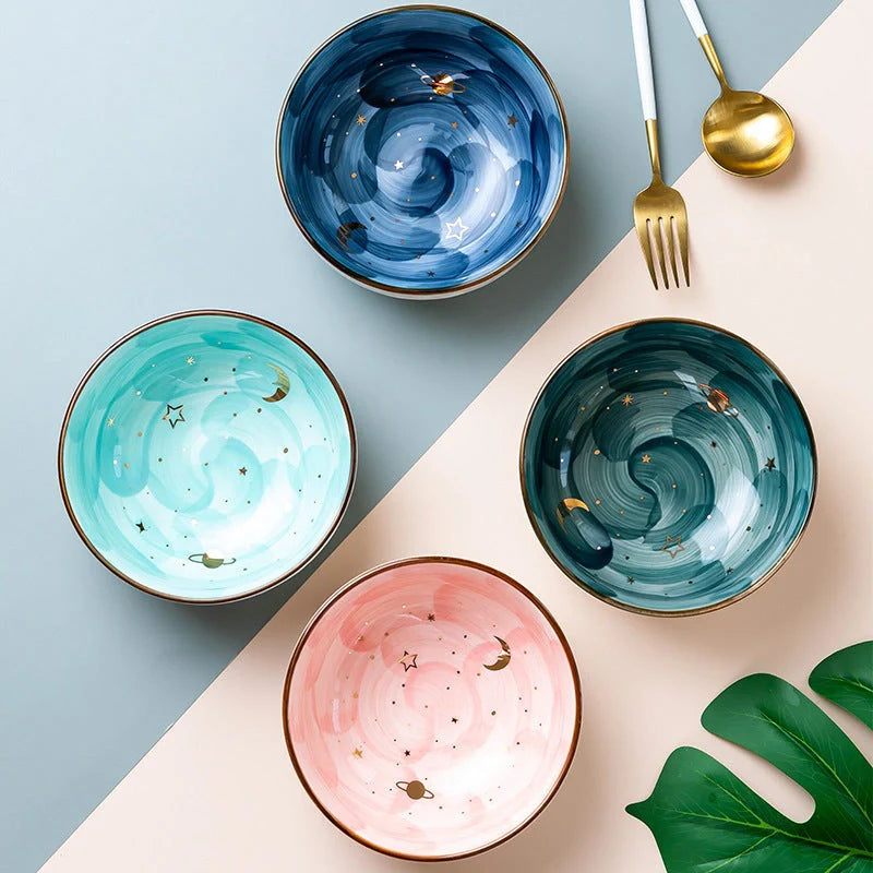 Nordic ceramic salad bowl set with star design in four colors