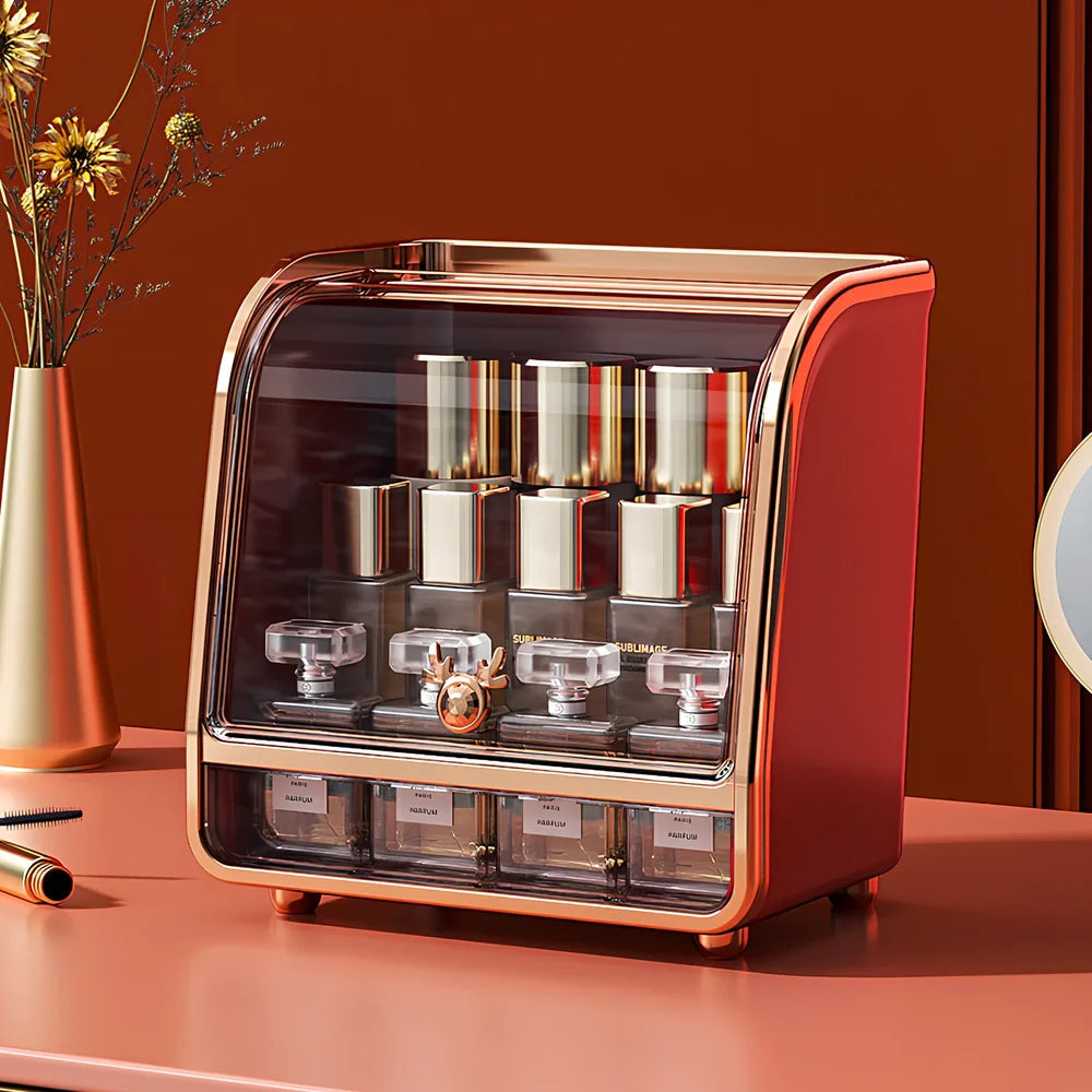 Light luxury plastic storage drawer in green for cosmetics, 25cm x 15cm with divided compartments for brushes and lipsticks