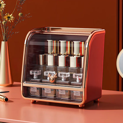 Light luxury plastic storage drawer in green for cosmetics, 25cm x 15cm with divided compartments for brushes and lipsticks