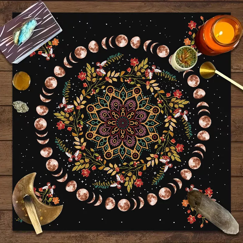 Nordic style tarot tablecloth with mandala, moon phase, floral, and butterfly designs