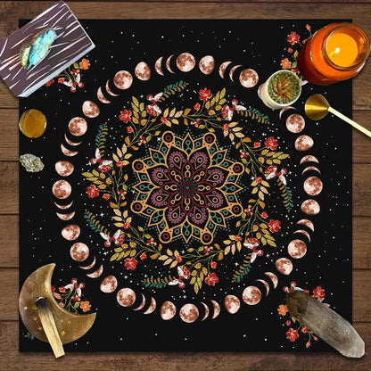 Nordic style tarot tablecloth with mandala, moon phase, floral, and butterfly designs