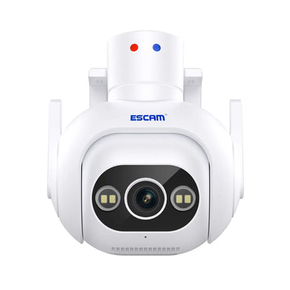 White outdoor security camera with wall mount, featuring smart colour night vision and IP66 waterproof rating.
