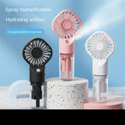 Powerful portable mist fan with four-speed settings, built-in humidifier, and compact design for convenient cooling and hydration