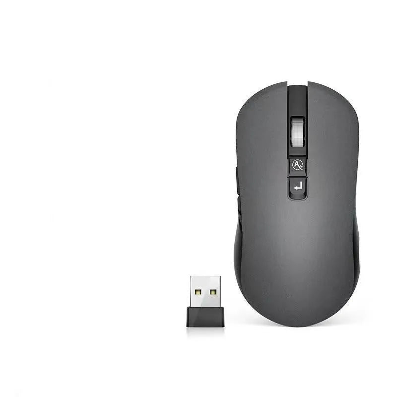 Mute IFLYTEK wireless gaming mouse with seven buttons and USB receiver on wooden desk