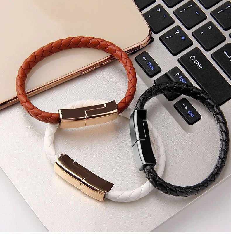 Stylish bracelet charging cable with premium leather and zinc alloy construction, compatible with iPhones, Android, and USB-C devices