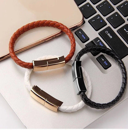 Stylish bracelet charging cable with premium leather and zinc alloy construction, compatible with iPhones, Android, and USB-C devices
