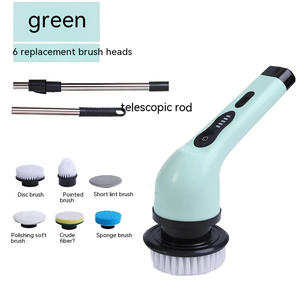 Handheld electric cleaning brush with rotating heads in white or green colours