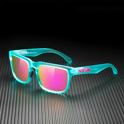 Square polarised sunglasses with TAC lenses and a PC frame, shown in one of 12 available colour options.