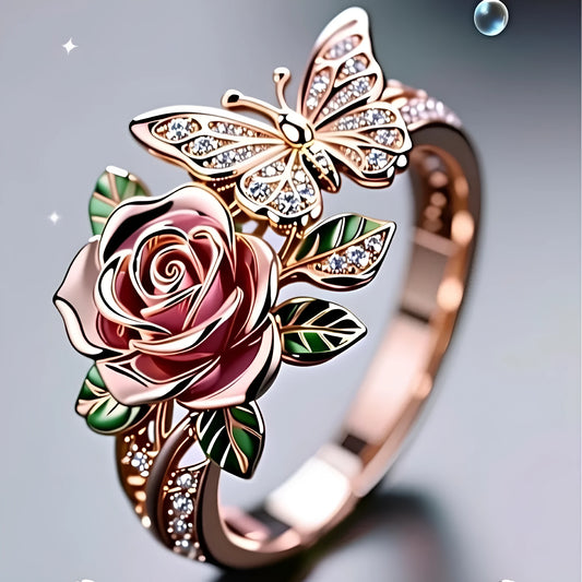 Adjustable butterfly ring with dripping oil colour treatment showing floral and insect motifs in fairy style design